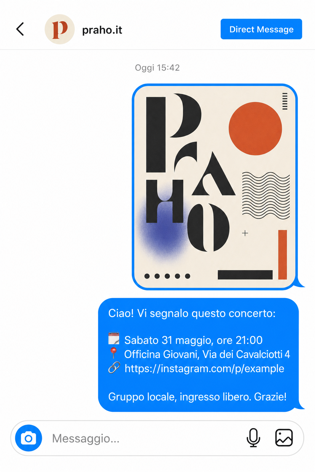 Esempio di messaggio diretto Instagram per segnalare un evento: locandina + data + luogo + link al post